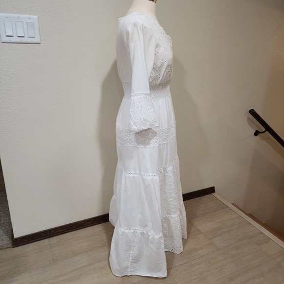 Me 2 Magic Anthro Midi Dress Eyelet White Bridal Smocked Tiered size Large - Picture 11 of 14